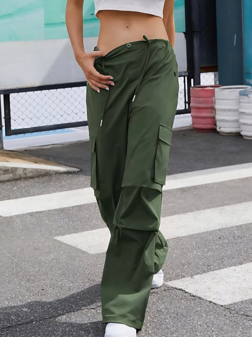 Wide Leg Cargo Pants in Olive Green - Women - Picture 3 of 6